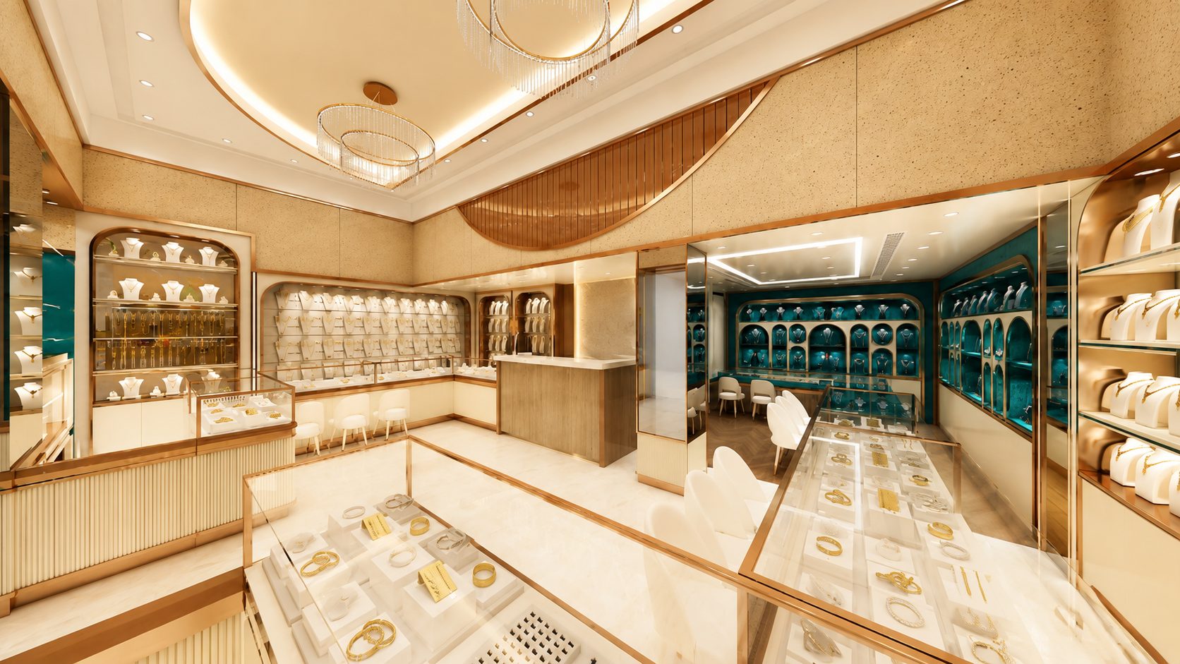 Bespoke jewellery showroom fit-out in Dubai with sculpted display joinery by Pixel Point Interiors