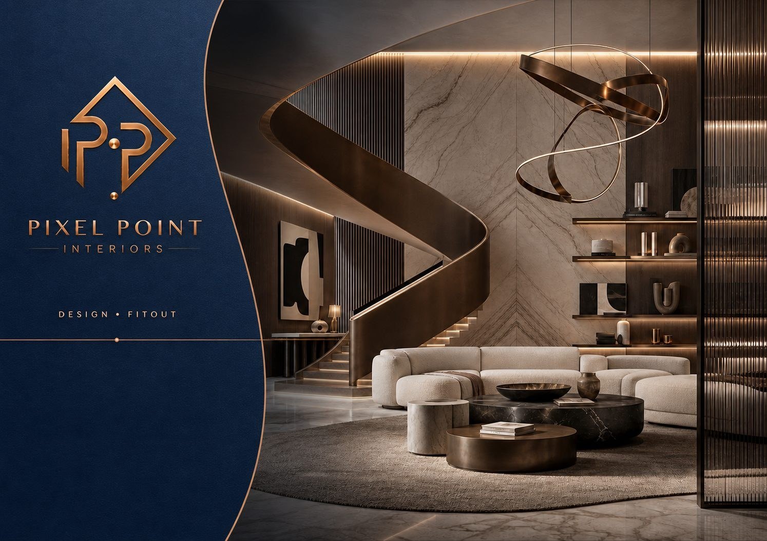 Pixel Point Interiors company profile cover — luxury interior with a sculptural staircase