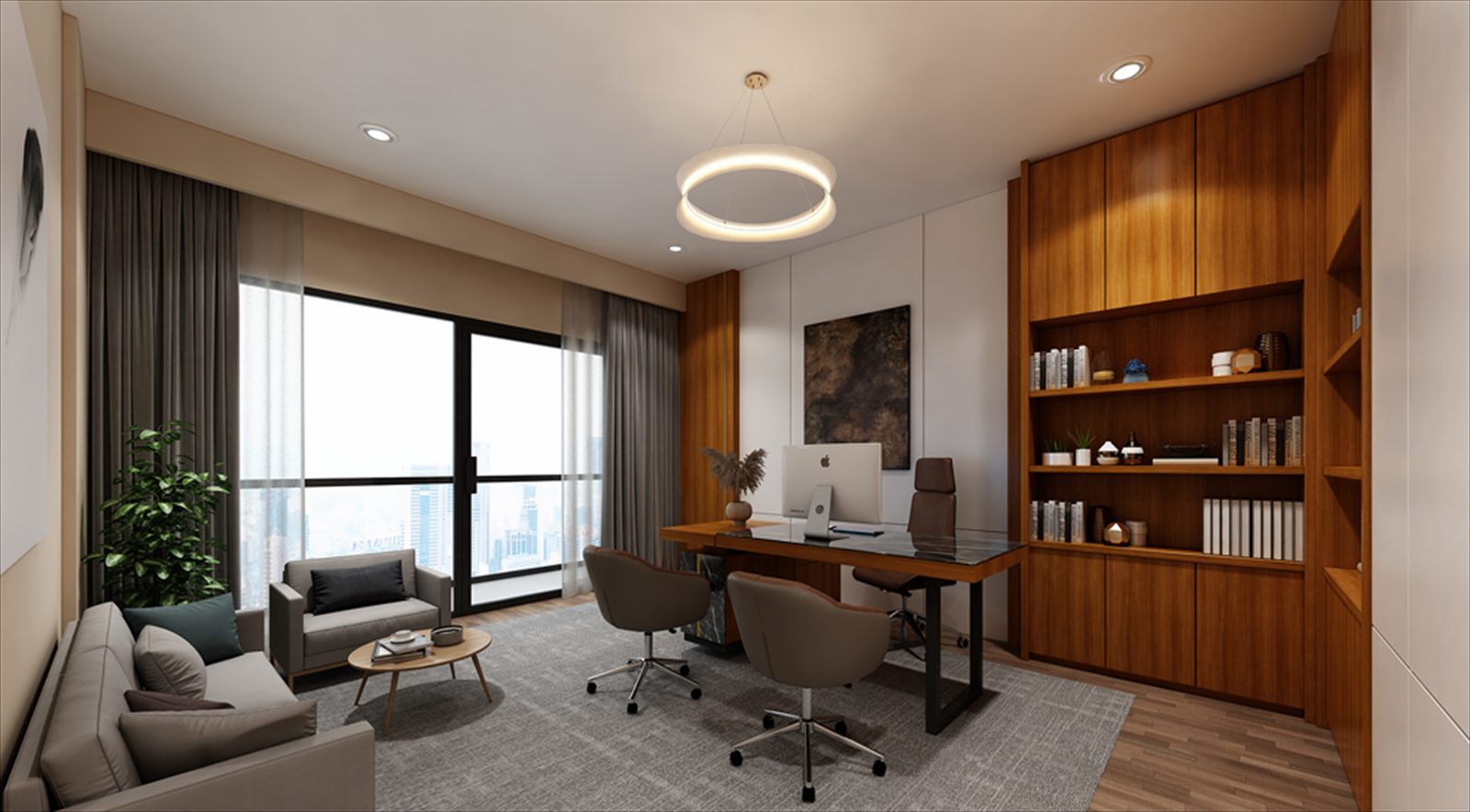 Warm executive office interior with bespoke joinery wall